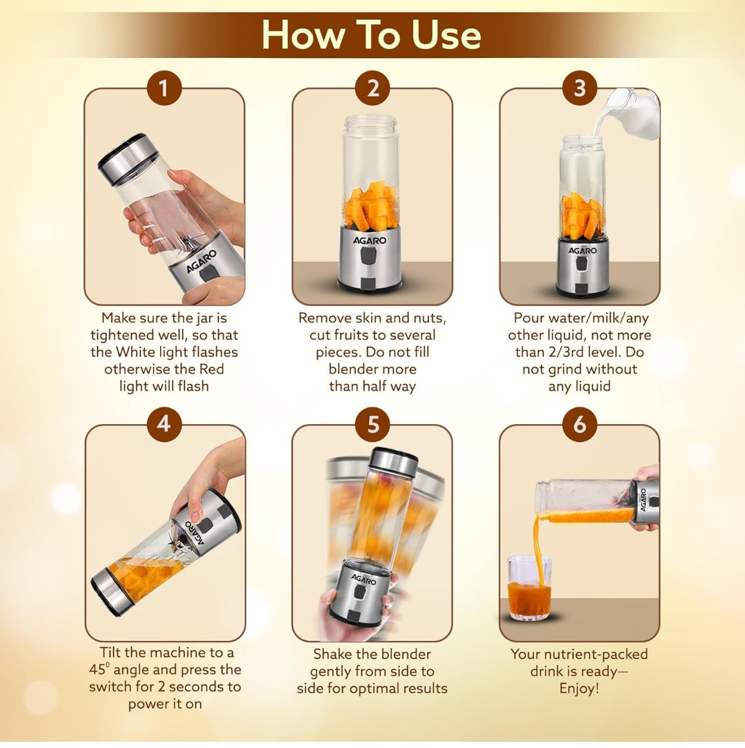 AGARO Galaxy Portable Blender, 450ml, For Smoothies, Shakes, 126W, 3000 mAh Battery.