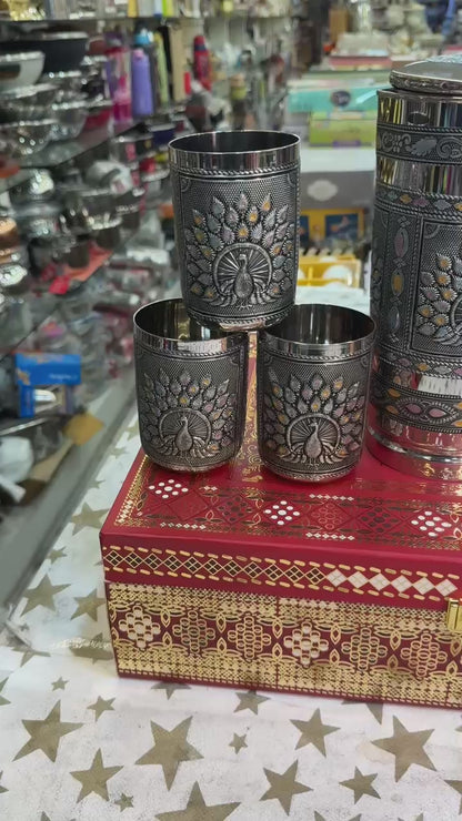 Peacock Meenakari Steel Jug with Lid and 6 Glass Set - Pure Stainless Steel