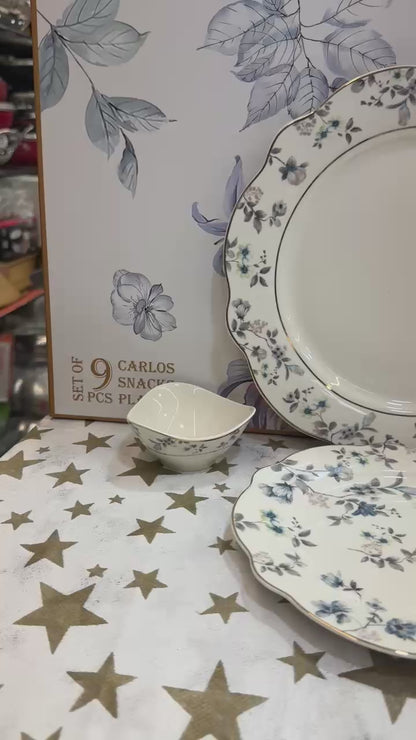 Royal Blue Floral Ceramic Dinnerware Set | 9-Piece Premium Crockery