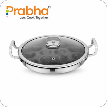 Prabha Amber Tri-ply Stainless Steel Stick-Resistant Paniyarakal With 14 Pits (26cm Diameter)-Induction Bottom