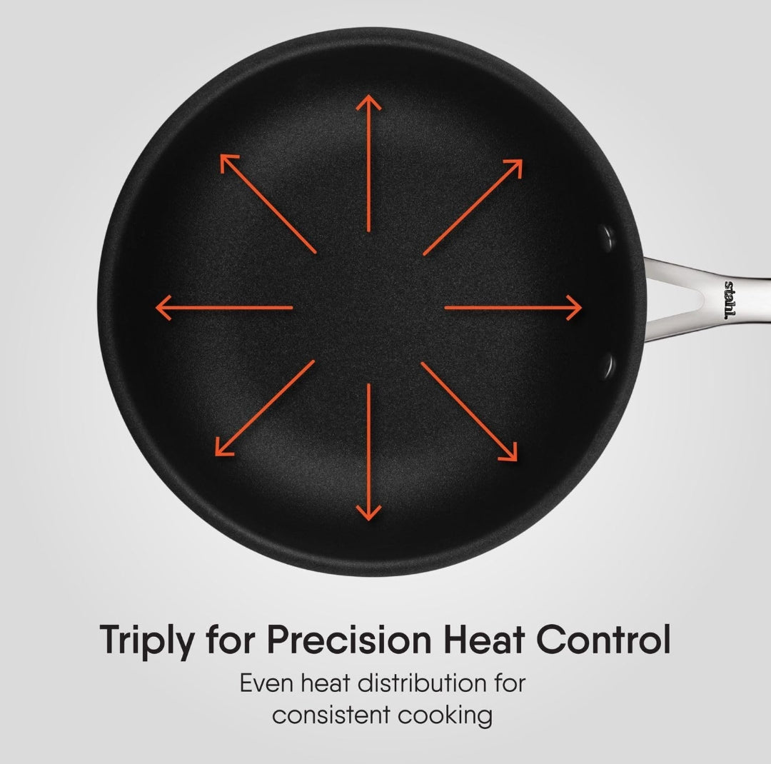 Stahl Artisan Schild Frypan Triply Stainless Steel + PEEK-Reinforced Non-Stick Fry Pan | Induction & Gas Compatible | with Glass Lid