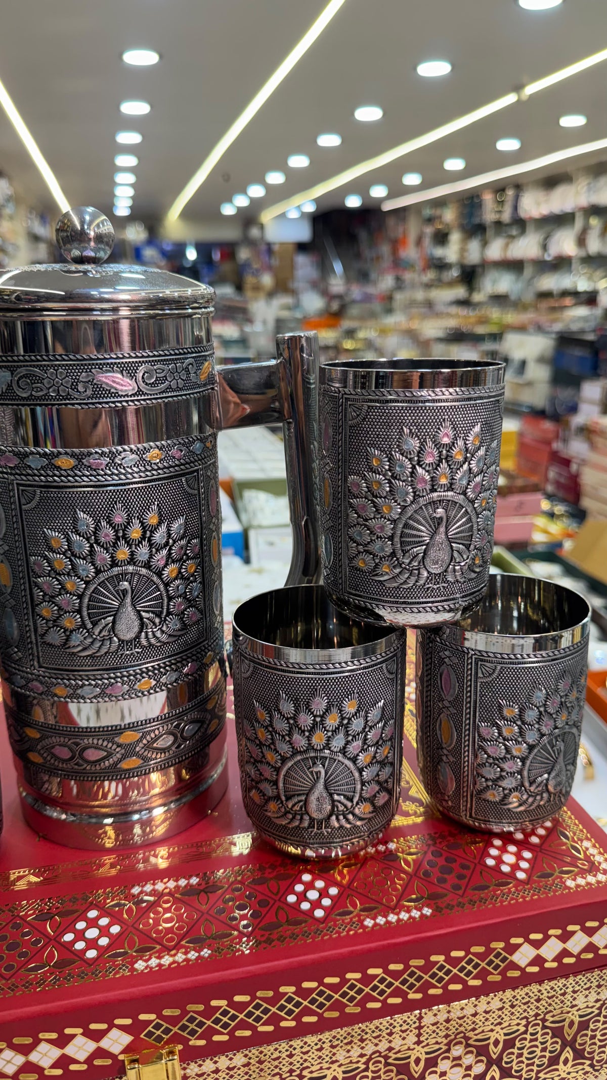 Peacock Meenakari Steel Jug with Lid and 6 Glass Set - Pure Stainless Steel