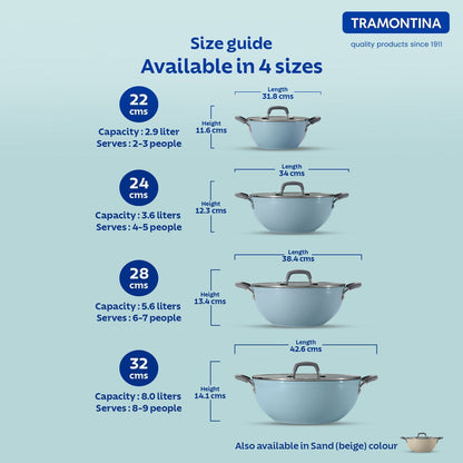 Tramontina Velo Forged with Ceramic Reinforced Interior Kadai | Silicone Grip Handles | Gas/Induction | Sea Blue