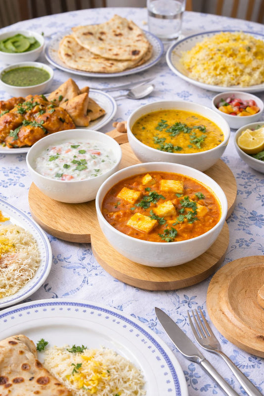 Trio of Ceramic Bowls with lids on woody tray