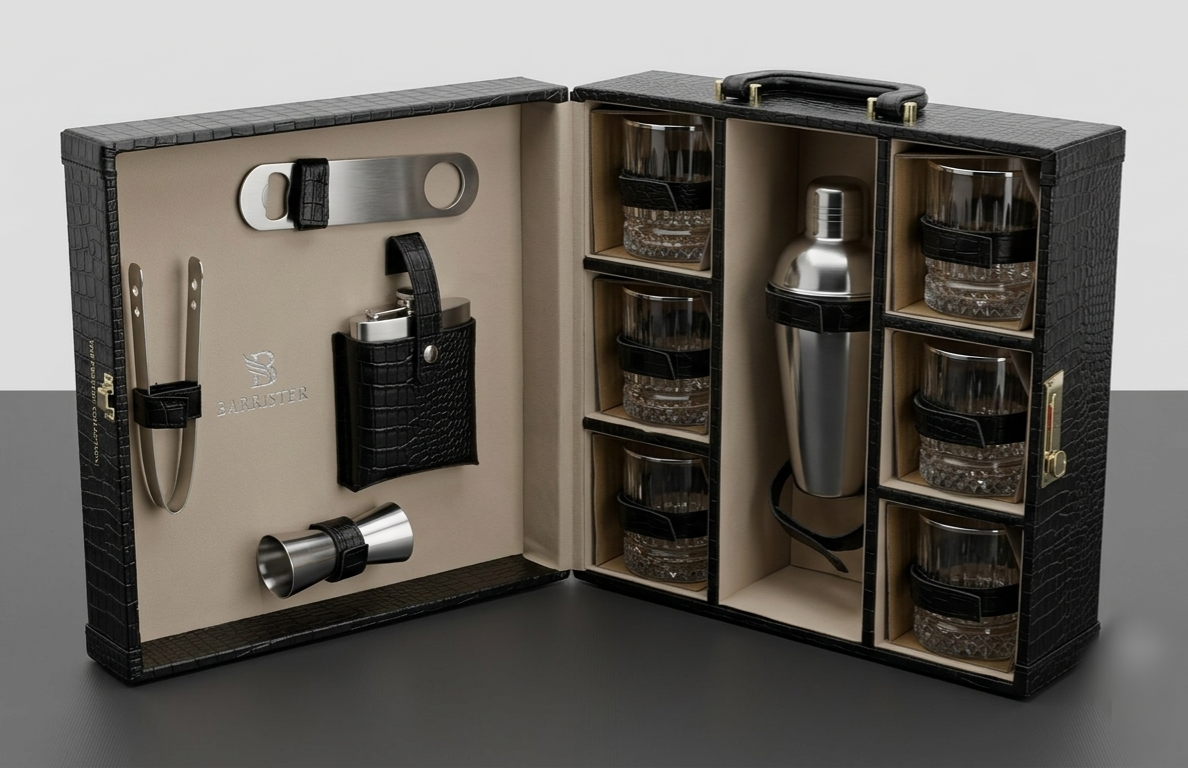 Luxury Portable Travel Bar Accessories Set with Handcrafted Briefcase Case