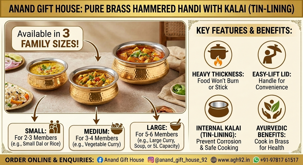 Pure Brass Hammered Cooking Handi with Tin Lining (Kalai) & Heavy Lid
