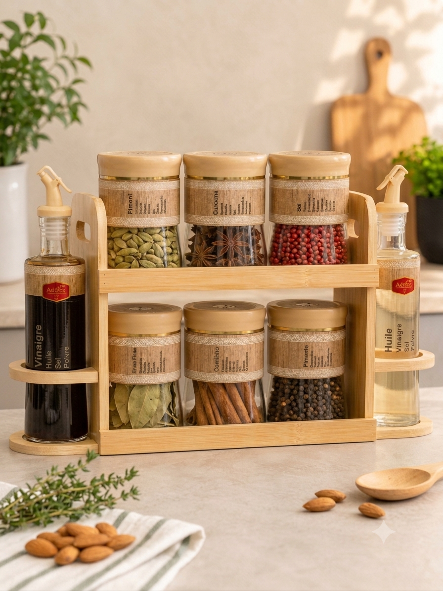 2-Tier Pure Bamboo Kitchen Organizer Set | 6 Glass Spice Jars & 2 Oil Dispenser Bottles