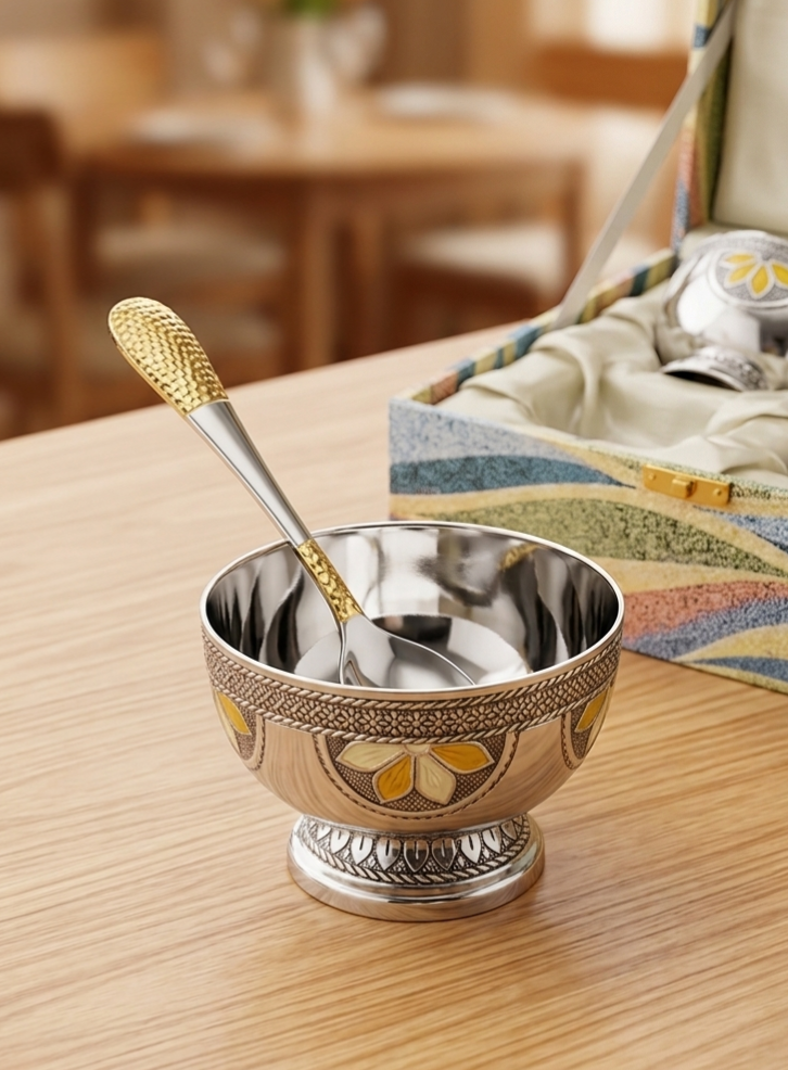 Handcrafted Etched Stainless Steel Ice Cream Bowl with Spoon | Luxury Dessert Set
