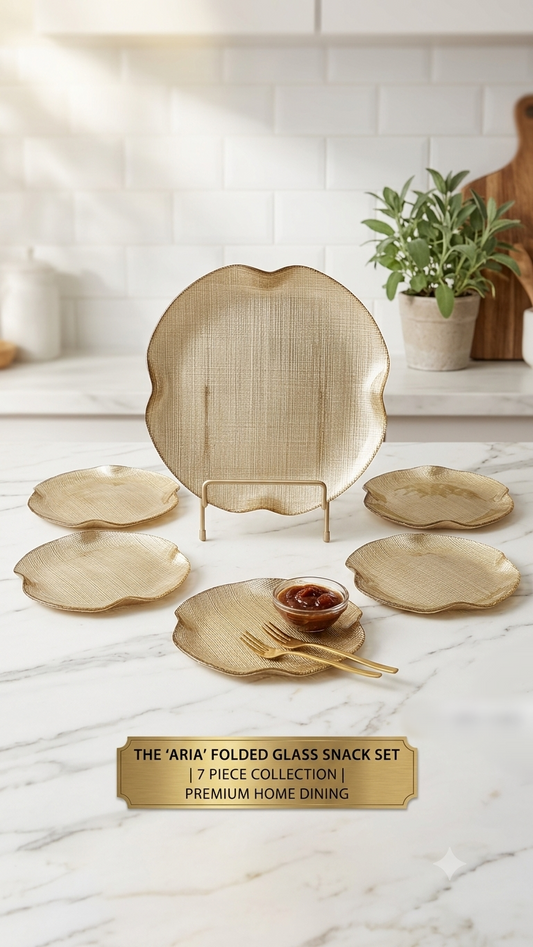7 Pcs Premium Folded Glass Snack & Serving Set (1 Large Platter + 6 Snack Plates)
