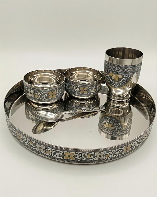 Antique 5-pc Thali Set with Intricate Floral Engraving