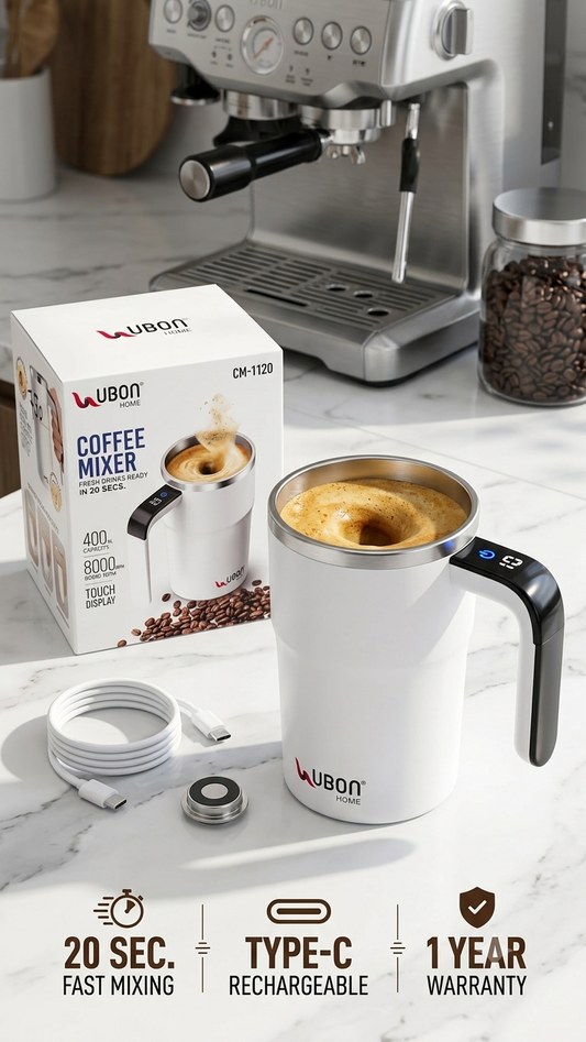 UBON CM-1120 Automatic Self-Stirring Coffee Mug (400ml) – Rechargeable Electric Coffee Mixer with Touch LED Display & Stainless Steel Insulation