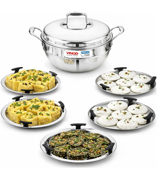 Vinod Platinum Triply Stainless Steel Multi kadai- Idli, Dhokla, Patra, Momo, Modak, steamer