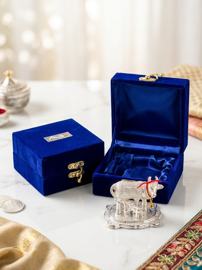 Silver Plated Kamdhenu Cow and Calf Idol (10pc set) with Velvet Gift Box (Auspicious Vastu & Return Gift)