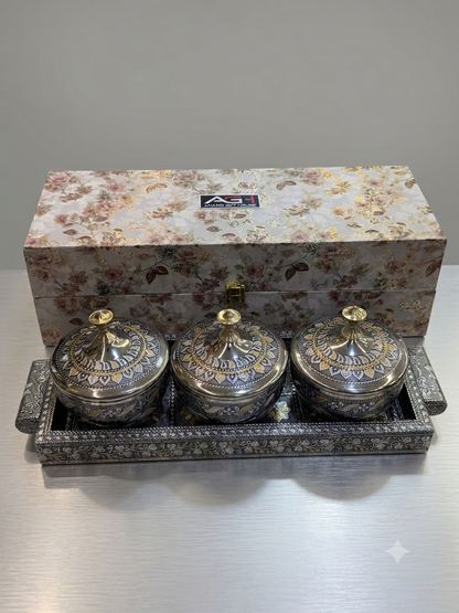 Royal Antique Meenakari 3-Jar Stainless Steel Dry Fruit Box & Tray Set (Luxury Gift Box)