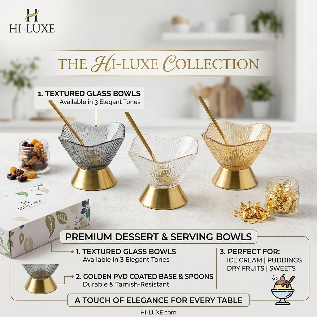 HI-LUXE Premium Glass Ice Cream Bowls Set with Golden PVD Coated Base & Spoons (Set of 6)
