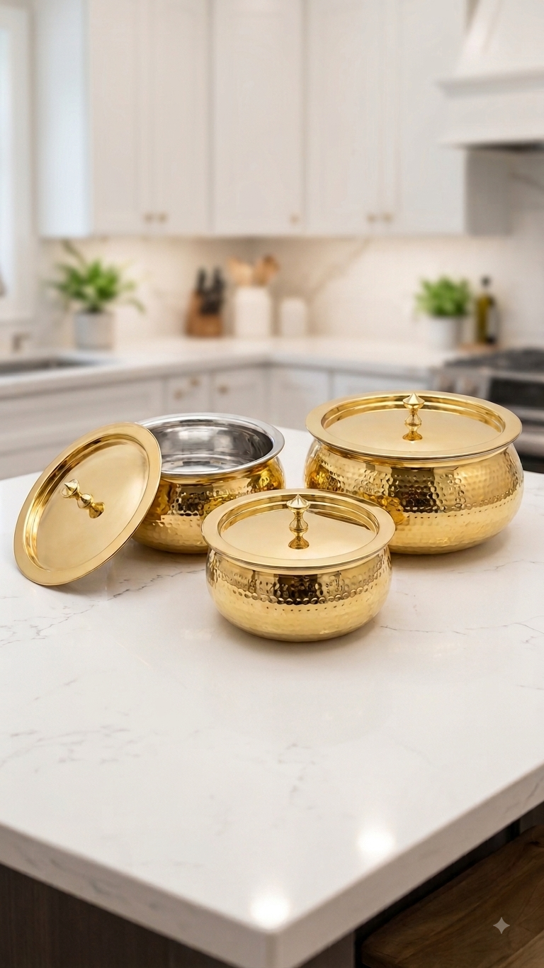 Pure Brass Hammered Cooking Handi with Tin Lining (Kalai) & Heavy Lid