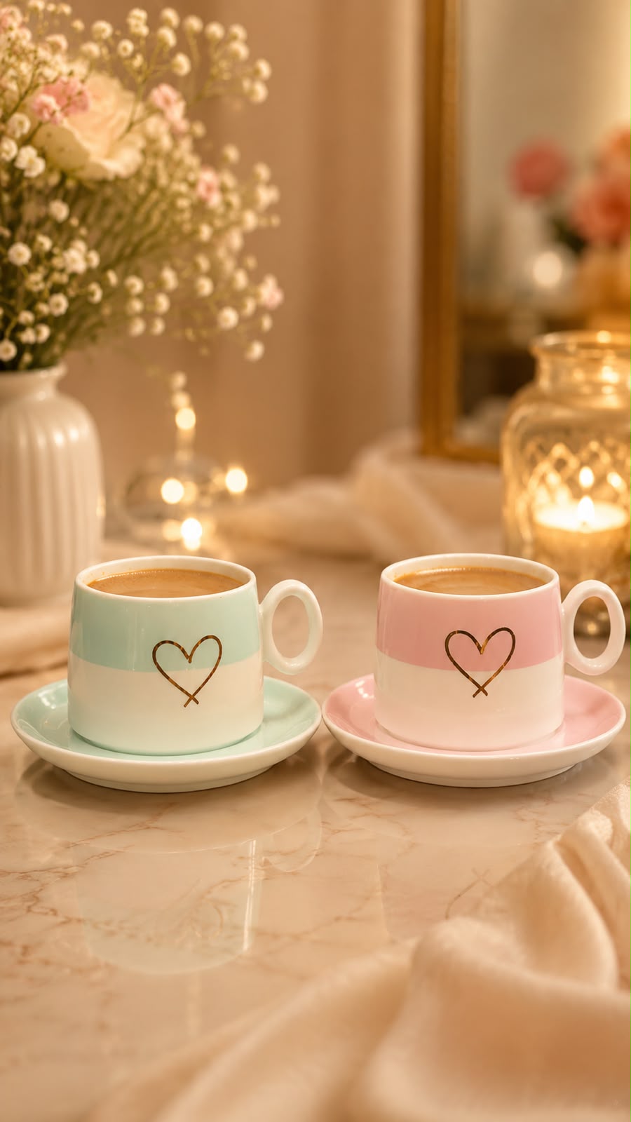 Premium Ceramic Cup-Saucer Set (6 Cups & 6 Saucers, Mint Green and Pink)