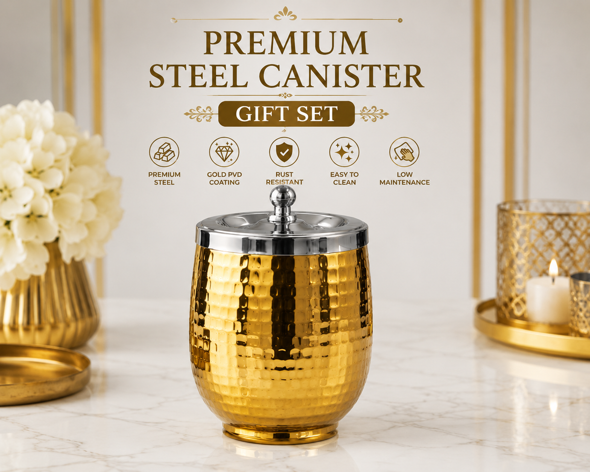 Premium Gold PVD Coated Stainless Steel Canister Set with Tray | Luxury Kitchen Storage & Gift Set