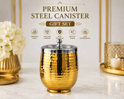 Premium Gold PVD Coated Stainless Steel Canister Set with Tray | Luxury Kitchen Storage & Gift Set