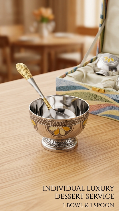 Handcrafted Etched Stainless Steel Ice Cream Bowl with Spoon | Luxury Dessert Set