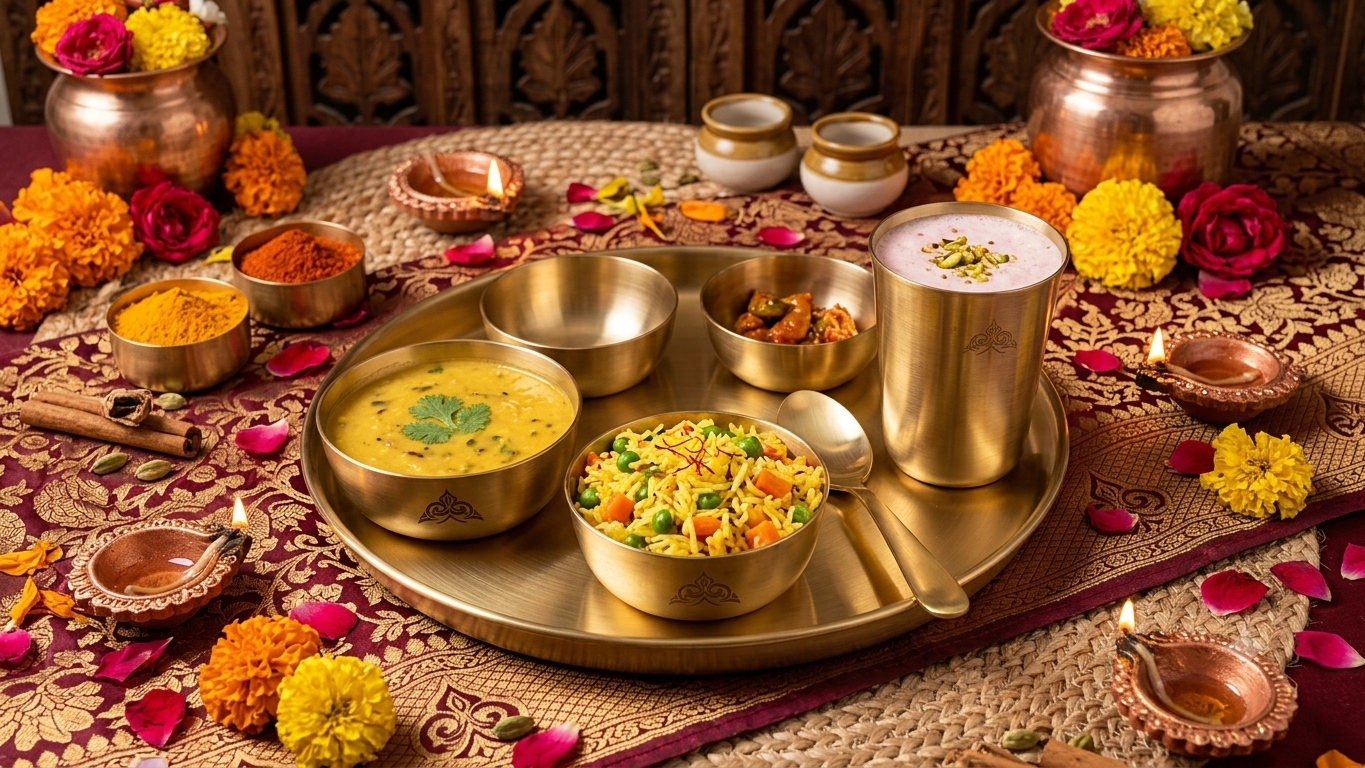 Lily Legacy 100% Pure Brass Thali Set – Handcrafted Traditional Indian Dinnerware Set (6 Pieces)