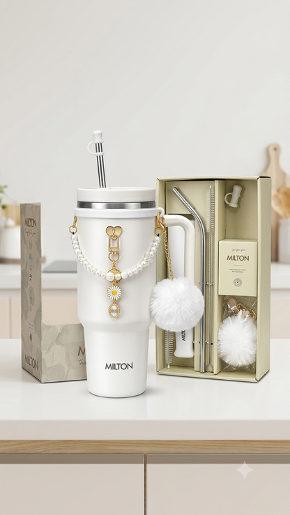 Milton Insulated Tumbler Set with Pearl & Flower Accessories (White, Stainless Steel)
