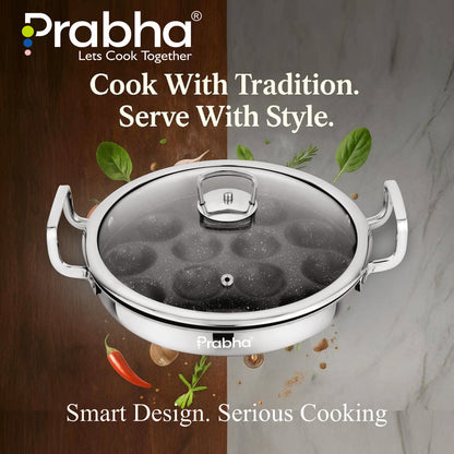Prabha Amber Tri-ply Stainless Steel Stick-Resistant Paniyarakal With 14 Pits (26cm Diameter)-Induction Bottom