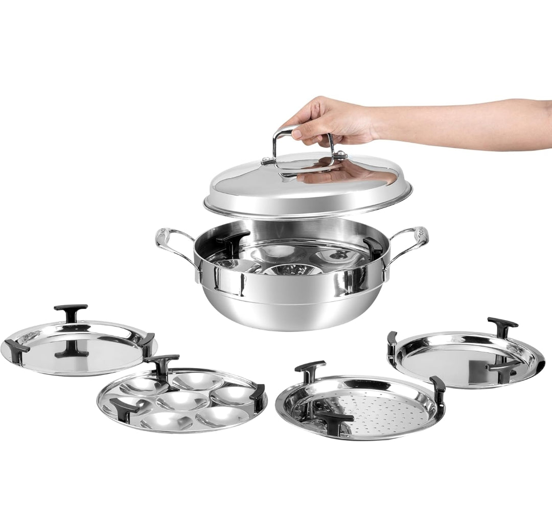 Vinod Platinum Triply Stainless Steel Multi kadai- Idli, Dhokla, Patra, Momo, Modak, steamer