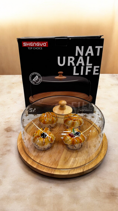 Acrylic Dome Wooden Cake Stand, Dessert and Cupcake Display Stand, Pastry Stand,Round Cake Cutting Holder (11 x 4.5 inch)