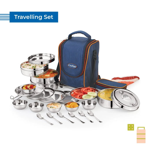 Neelam Stainless Steel Lunch Box/Tiffin with Bag, 26 Pieces Set, 5900 ml, Perfect for Picnic and Travel.