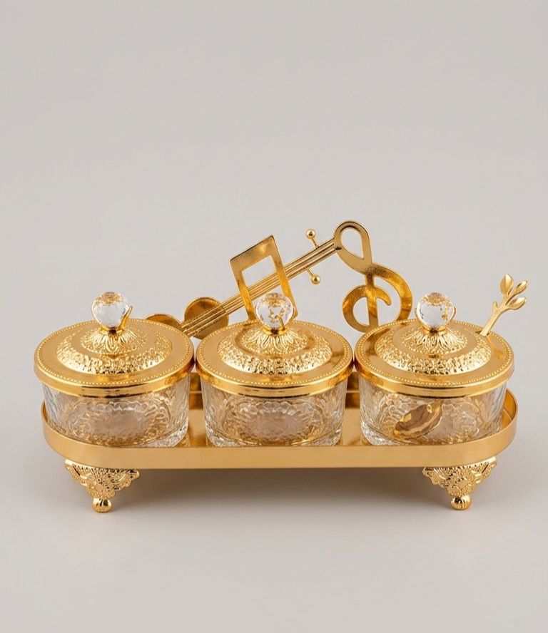 Golden coloured 3 glass jar with tray dryfruit tray set