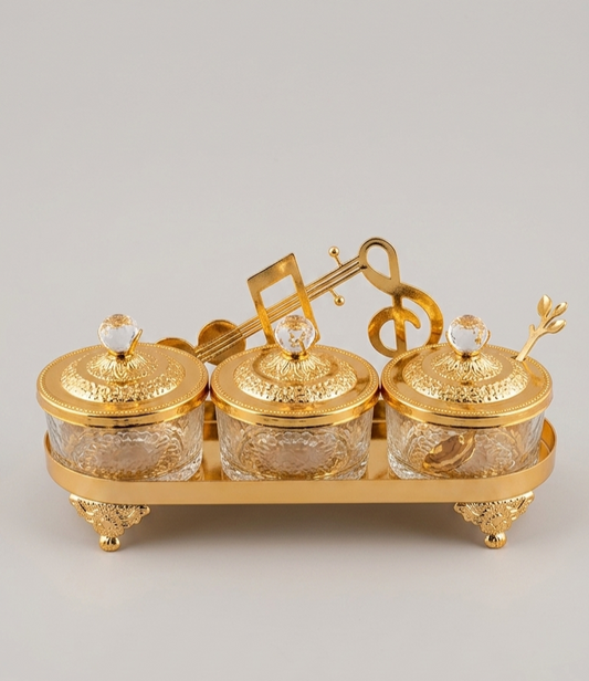 Golden coloured 3 glass jar with tray dryfruit tray set
