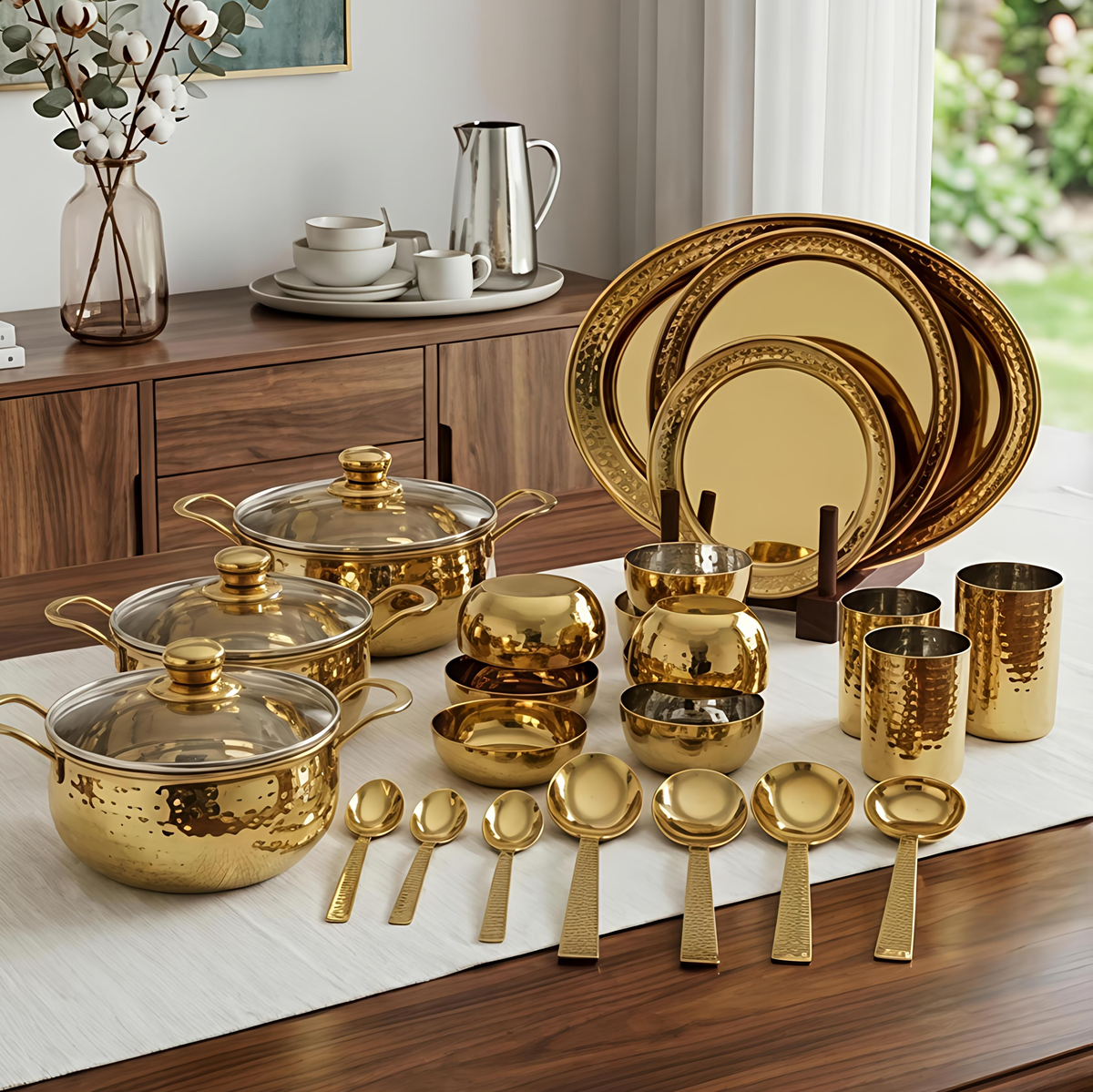 Luxury 51-Piece PVD Gold Hammered Stainless Steel  Ramson Dinnerware Set