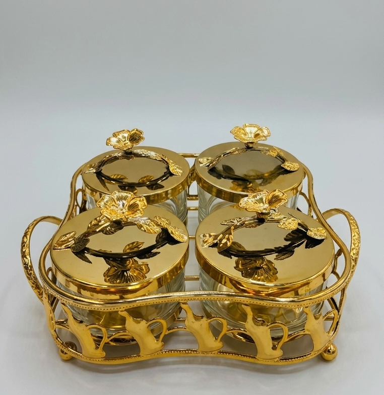 Golden coloured 4 glass jar with tray dryfruit tray set
