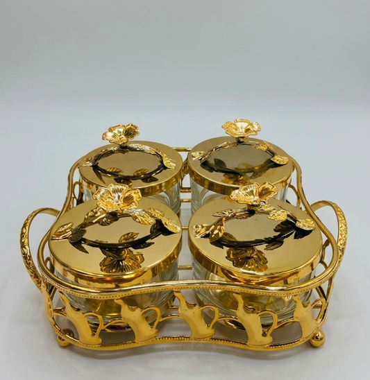 Golden coloured 4 glass jar with tray dryfruit tray set