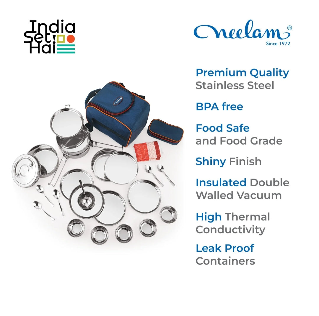 Neelam Stainless Steel Lunch Box/Tiffin with Bag, 26 Pieces Set, 5900 ml, Perfect for Picnic and Travel.