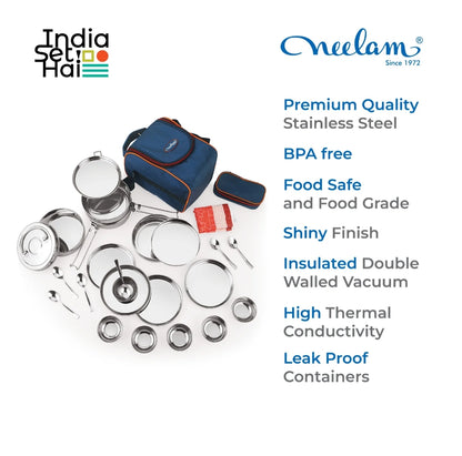 Neelam Stainless Steel Lunch Box/Tiffin with Bag, 26 Pieces Set, 5900 ml, Perfect for Picnic and Travel.