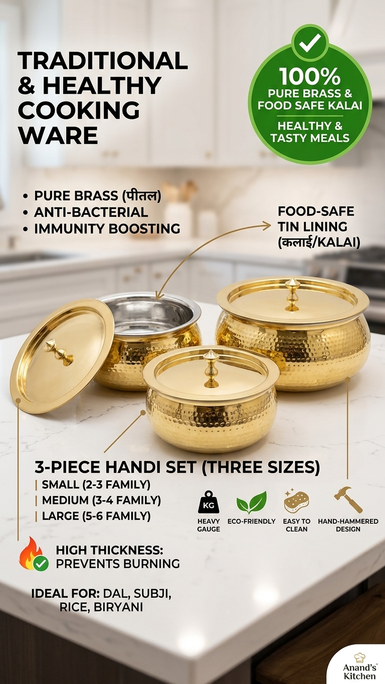 Pure Brass Hammered Cooking Handi with Tin Lining (Kalai) & Heavy Lid