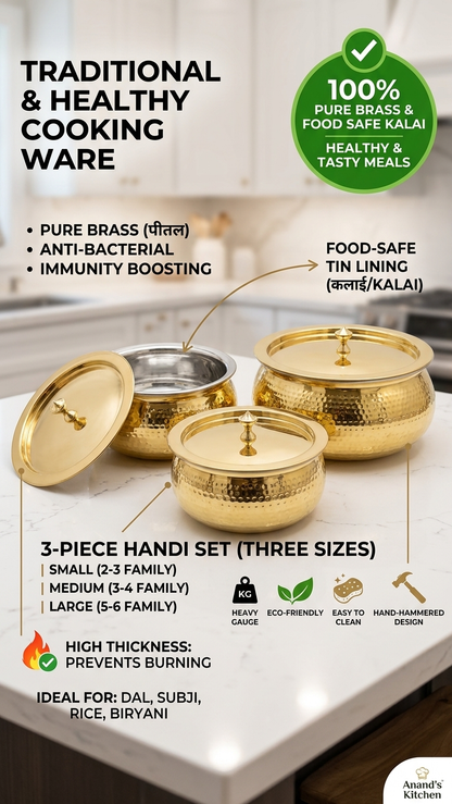 Pure Brass Hammered Cooking Handi with Tin Lining (Kalai) & Heavy Lid