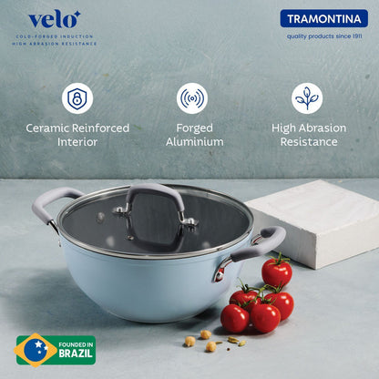 Tramontina Velo Forged with Ceramic Reinforced Interior Kadai | Silicone Grip Handles | Gas/Induction | Sea Blue