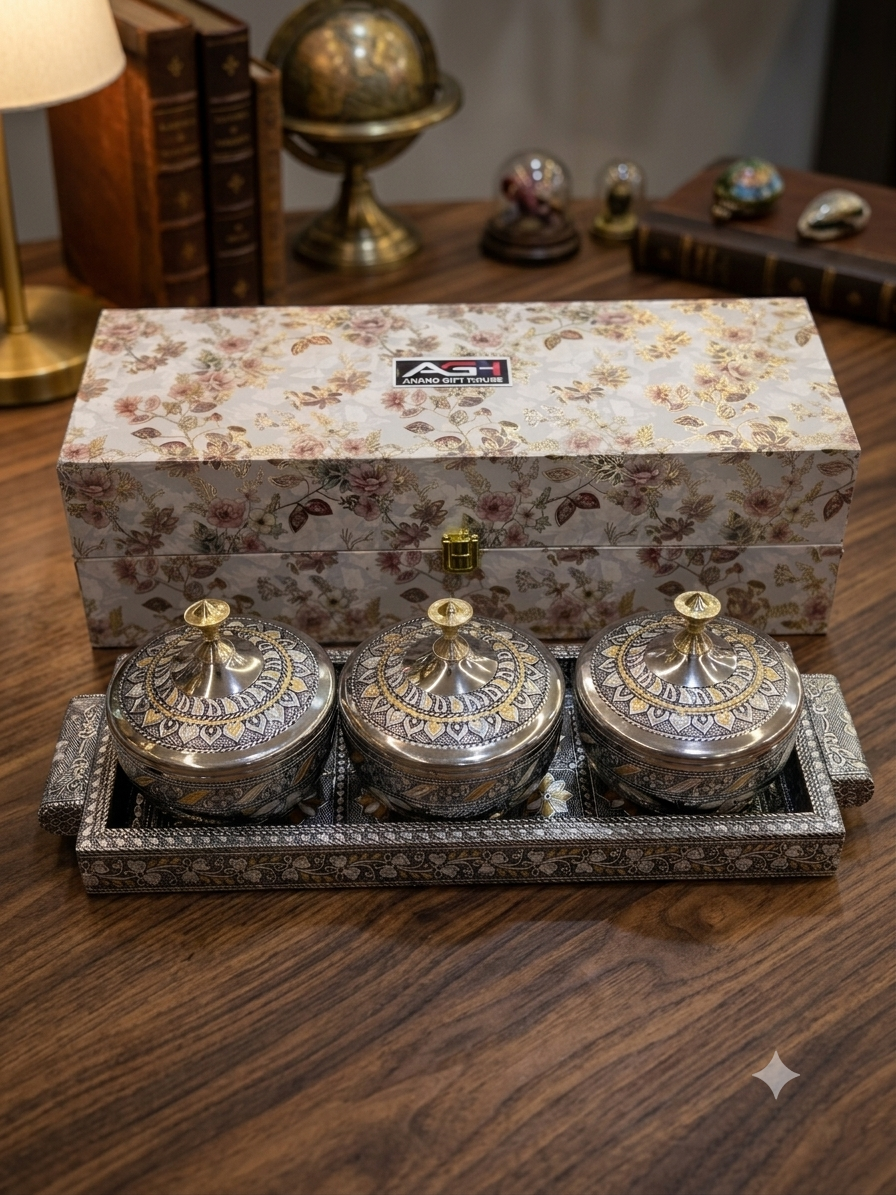 Royal Antique Meenakari 3-Jar Stainless Steel Dry Fruit Box & Tray Set (Luxury Gift Box)