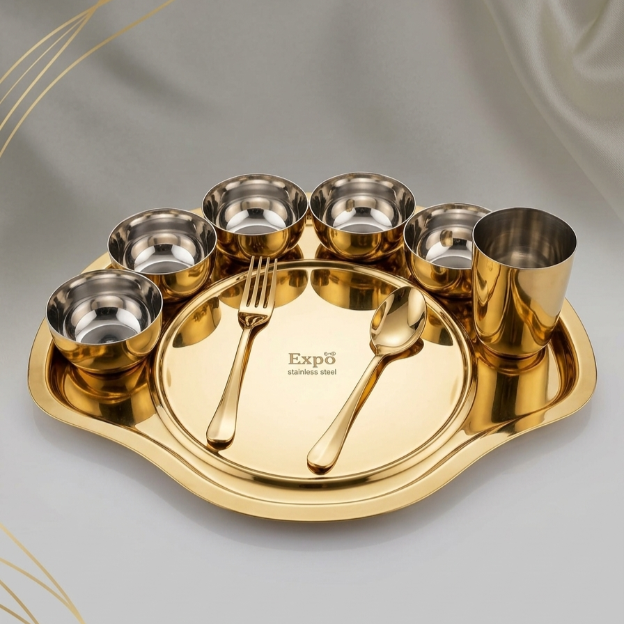 Expo Luxury PVD Gold Plated Stainless Steel Maharaja Thali Set - 8 Pcs Set