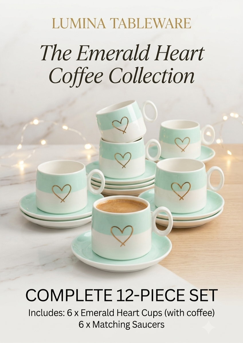 Premium Ceramic Cup-Saucer Set (6 Cups & 6 Saucers, Mint Green and Pink)