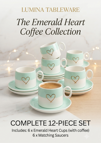 Premium Ceramic Cup-Saucer Set (6 Cups & 6 Saucers, Mint Green and Pink)