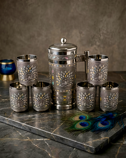 Peacock Meenakari Steel Jug with Lid and 6 Glass Set - Pure Stainless Steel