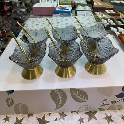 HI-LUXE Premium Glass Ice Cream Bowls Set with Golden PVD Coated Base & Spoons (Set of 6)