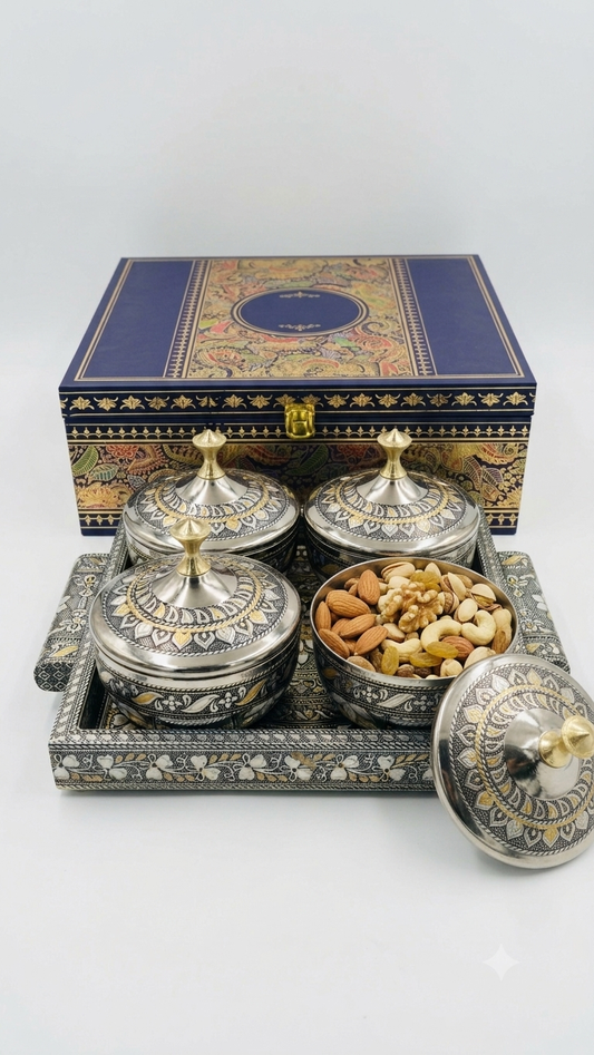 Royal Antique Meenakari 4-Jar Stainless Steel Dry Fruit Box & Tray Set (Luxury Gift Box)