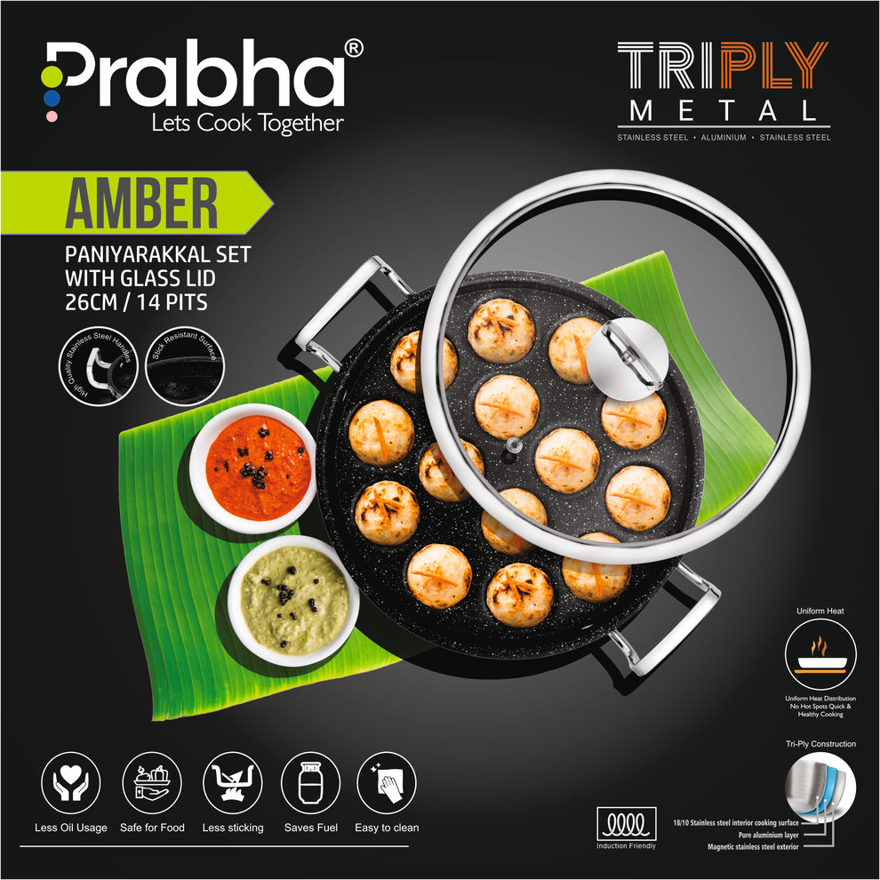 Prabha Amber Tri-ply Stainless Steel Stick-Resistant Paniyarakal With 14 Pits (26cm Diameter)-Induction Bottom