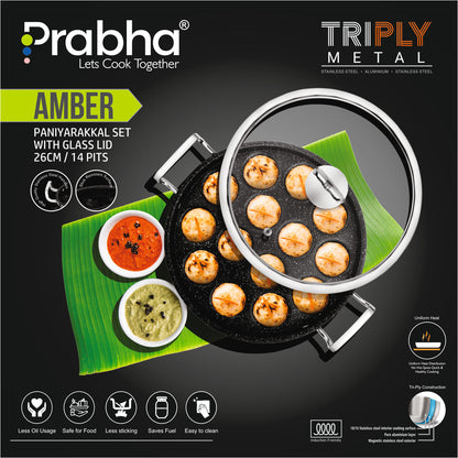 Prabha Amber Tri-ply Stainless Steel Stick-Resistant Paniyarakal With 14 Pits (26cm Diameter)-Induction Bottom