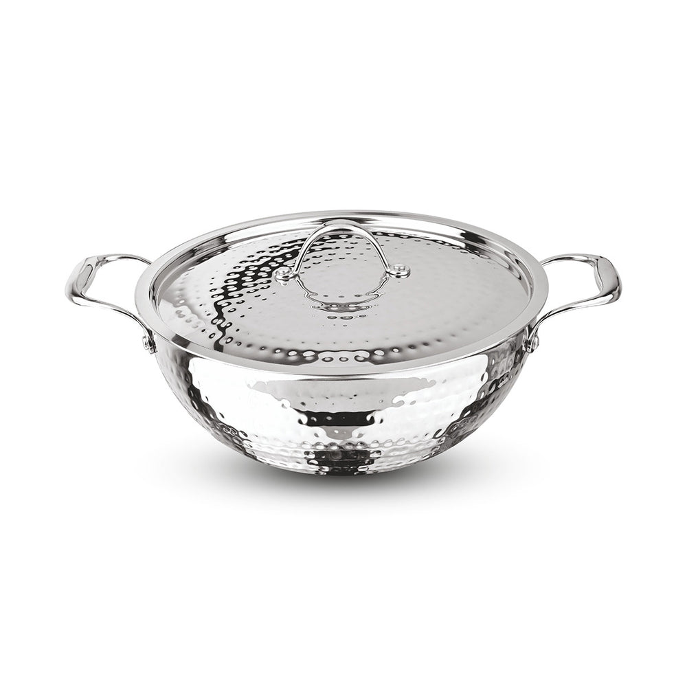 Signoraware Artista Tri Ply Stainless Steel Hammered Deep Kadhai with Steel Lid | Even Heat Distribution | Ideal for Deep Frying & Daily Indian Cooking Needs